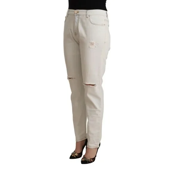 PINKO White Cotton Distressed Mid Waist Skinny Denim Jeans